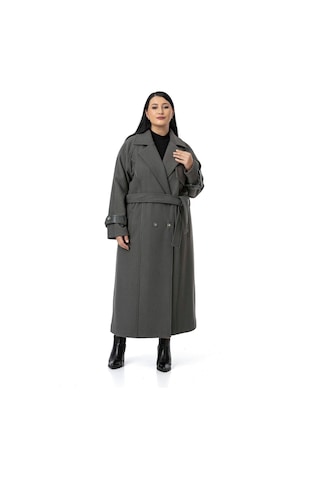 Büyük Beden Deri Biye Detaylı Fleto Cepli Kuşaklı Astarlı Kaşe Uzun Gri Kaban Gri