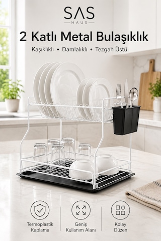Sas Haus 2 Katlı Metal Bulaşıklık Kaşıklıklı Ve Damlalıklı Tezgâh Üstü Bulaşık Kurutmalık Dtb-02 Beyaz