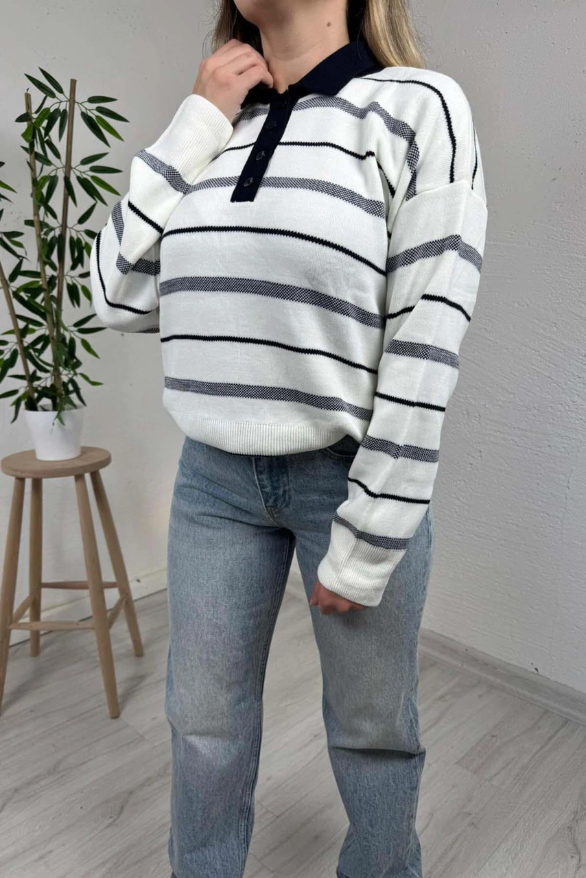 Explode - Kadın Krem Polo Yaka Çizgili Oversize Triko Kazak Krem