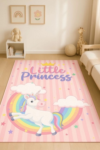 Gökkuşağı Unicorn Çocuk Odası Halısı Pembe
