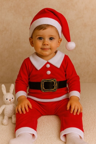 Erkek Çocuk Yılbaşı Noel Temalı , Kemerli , 3 Parça Kışlık Polar Takım , Noel Baba Kostüm Kırmızı