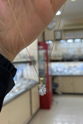 Gümüş Oval 12x8 Mm 4,5 Carat Tektaş Kolye Sarı