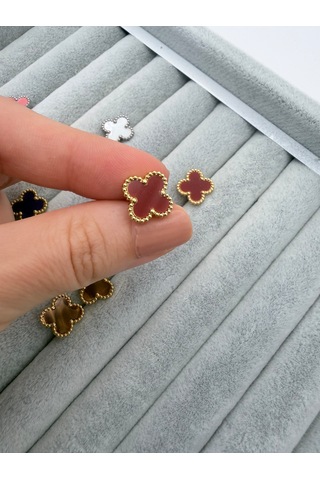 Çelik Yonca Küpe Renkli Mineli Gold Kadın Küpe 1 Cm Minimal Günlük Küpe Bordo