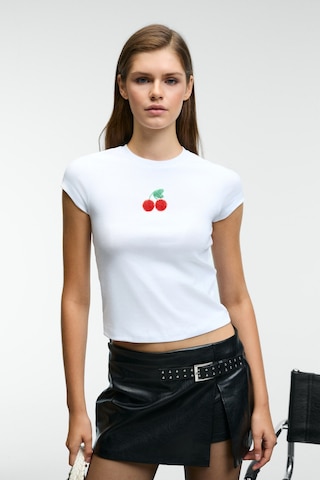 Ethıquet ZEFIRA Kadın Bisiklet Yaka Kısa Kollu Önü Boncuk İşleme Detaylı Slim Beyaz T-Shirt