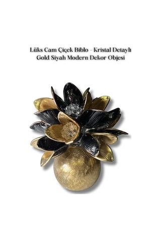 Lüks Cam Çiçek Biblo Kristal Detaylı Gold Siyah