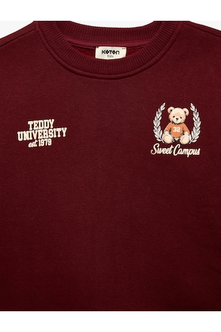 Koton Üç İplik Şardonlu Uzun Kollu Bisiklet Yaka Ayıcık Baskılı Sweatshirt Bordo 7wkg10260ak