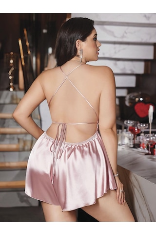 Büyük Beden Pudra Arkadan Bağlamalı Tulum Saten Babydoll Gecelik Pudra