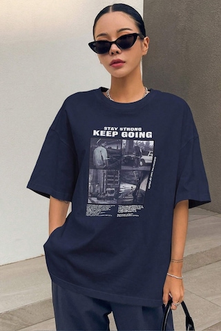 Unisex Keepgoing Baskılı Tasarım Tshirt Lacivert