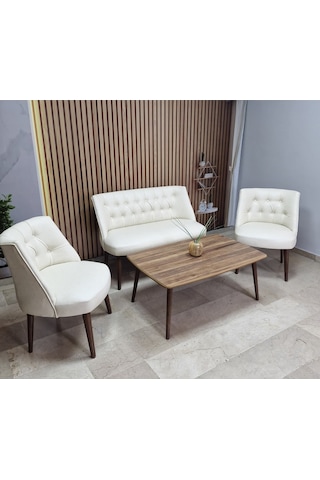 Azra Mobilya Deri Çay Seti Koltuk Takımı + Sehpa - Oturma Grubu - Cafe Mobilya - Ofis Mobilya - Balkon Mobilya Krem