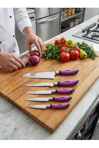 Chefline 5 Parça Mor Mutfak Bıçak Seti + Meyve Bıçağı Hediyeli Paslanmaz Çelik Mor