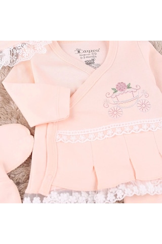 Çiçekli Araba Nakışlı Dantelli 5'li Kız Bebek Hastane Çıkışı 0-3 Ay Somon Somon