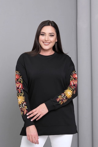 Kolları Nakışlı Yırtmaçlı Sweatshirt Siyah