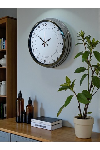 Krom 40 Cm Metal 24 Saat Göstergeli Özel Tasarım Duvar Saati