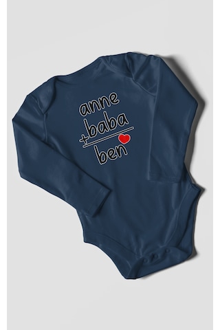 Anne Baba Ve Ben Baskılı Bebek Zıbını Çıtçıtlı Body %100 Pamuk Uzun Kol Lacivert