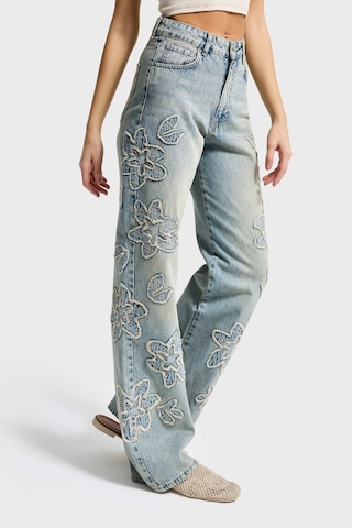 it's basic Kadın Kot Rengi 4s6-67 Straight Fit Yüksek Bel Nakış Detaylı Özel Tasarım Denim Jean Mavi