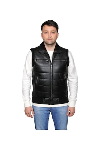 Asyaclub Max Hakiki Deri Erkek Siyah Trikolu Şişme Yelek Siyah