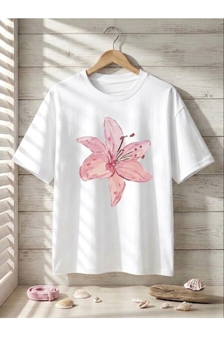 Pembe Zambak Baskılı Oversize Kompak T-shirt Beyaz