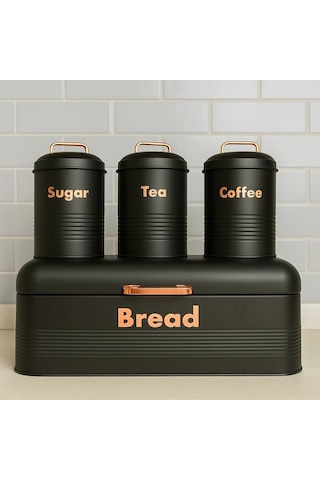 4 Lü Mutfak Seti Ekmeklikçay Kahve Şekerlik Siyah 43x20 Antrasit
