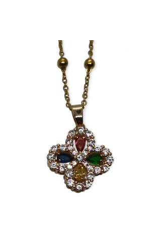 Altın Renk Mix Taşlı Yonca Model Top Zincir Çelik Kolye Altın