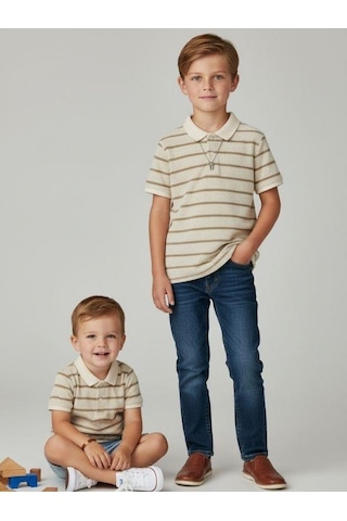 Zekids Erkek Çocuk Yakalı Yarım Kollu Düğmeli Triko T-shirt-16804 Bej