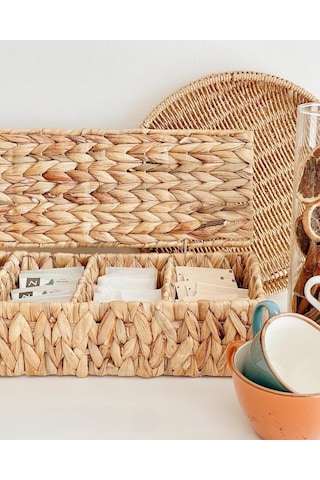 El Yapımı Doğal Hasır Dikdörtgen Çok Amaçlı 4 Bölmeli Kapaklı Dolap Düzenleyici 40x15x10cm Çok Renkli