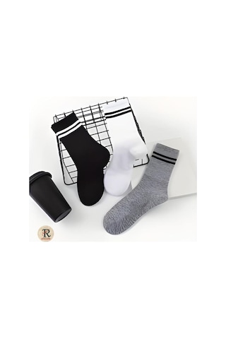 Trampler Unisex 6 Çift Çemberli Gri Siyah Beyaz Uzun Kolej Tenis Çorap Çok Renkli