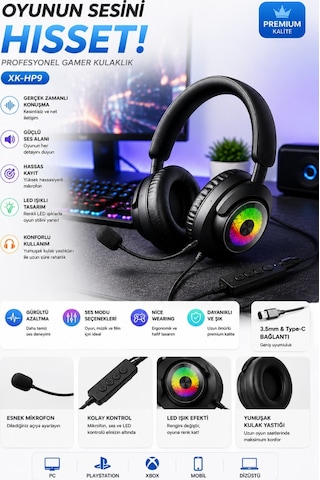 Oyuncu Kulaklığı Mikrofonlu Rgb Led Işıklı 3.5mm Type-c Pc Ps Xbox Uyumlu