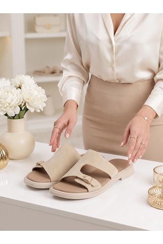 Nesilshoes Nesil Shoes Dvm 210 Bej Süet Tokalı Kadın Terlik