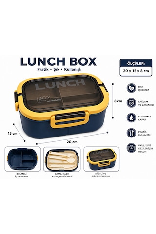 Bölmeli Lunch Box Sızdırmaz Kapaklı, Çatal Kaşık Bıçaklı Pratik Yemek Saklama Kabı Beslenme Kabı Lacivert