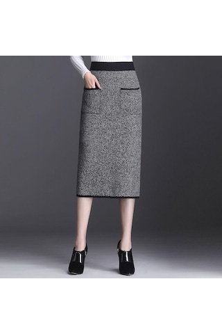 Sonbahar Kış Kadın Midi Örme Etek Kadın Etek Yüksek Bel Kalınlaşmak Cepler Ince Bir Adım Kalça Etek Gri