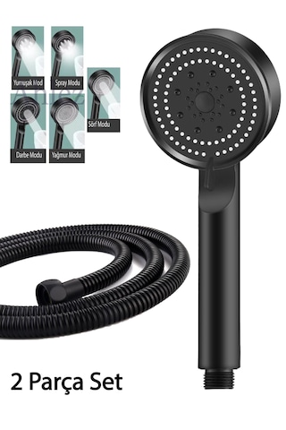 Maxima Siyah 5 Fonksiyon Duş Başlığı Ve Siyah Duş Hortumu Duş Set Siyah