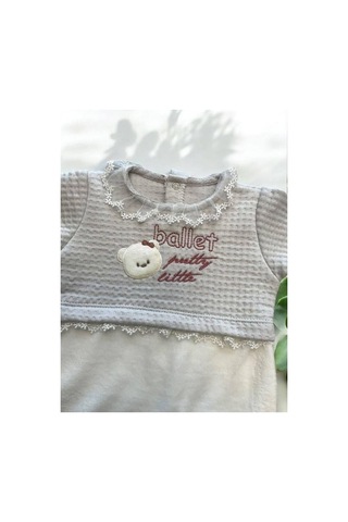 Bebe Ceyiz Sarayı Kız Bebek Ayıcıklı Kadife Dantelli Patikli Tulum-15131 Ekru