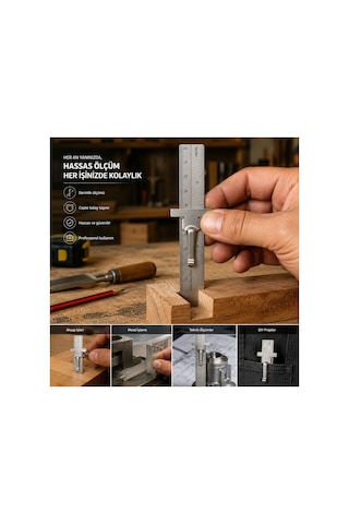 Paslanmaz Çelik Sürgülü Klipsli Cep Cetveli 15 Cm Çift Taraflı Hassas Metal Cetvel