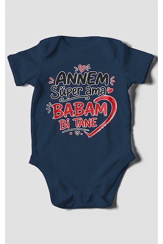 Morivokids Annem Süper Ama Babam Bi Tane Kısa Kollu Bebek Body %100 Pamuk Lacivert