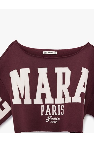 Koton Uzun Kollu Kayık Yaka Baskılı Crop Oversize Sweatshirt Bordo 6sal10246ık Bordo
