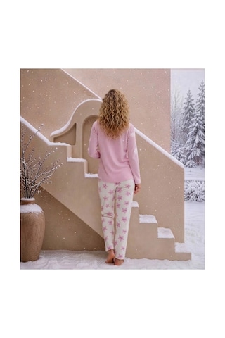 Pijamoni Kadın Waffle Kumaş Önden Düğmeli Uzun Kollu Pijama Takımı Pembe