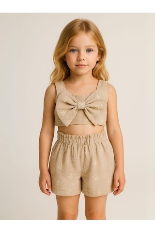 Kız Çocuk Crop Müslin Şortlu Takım-15972 Bej