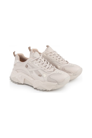 Libero L083.65137 Gri Hakiki Deri Kadın Sneaker Yüksek Tabanlı Rahat Spor Ayakkabı Bej