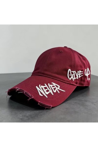 Valkyrie Unisex Bordo Never Give Up Nakışlı Baseball Şapka Ayarlanabilir Vintage Streetwear Spor Kep
