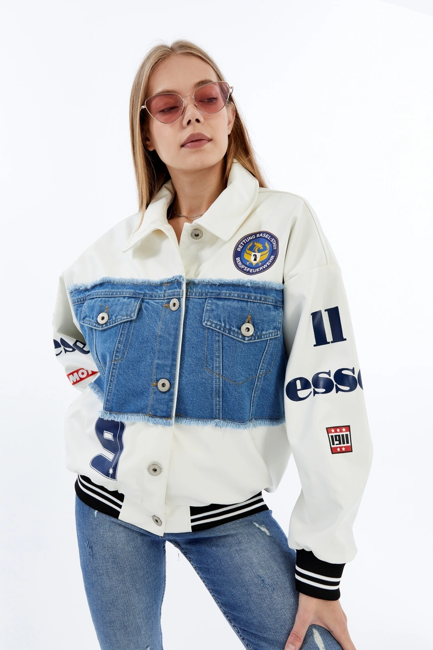 Kadın Oversize Deri Ve Kot Birleşimi Baskılı Kolej Mont Ribanalı Bomber Ceket Motorcu Yarışçı Mont Beyaz