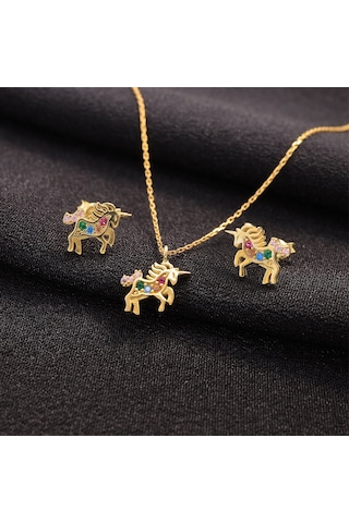 Madam&Matmazel Unicorn 925 Ayar Altın Kaplama Zirkon Gümüş Kadın Takı Set
