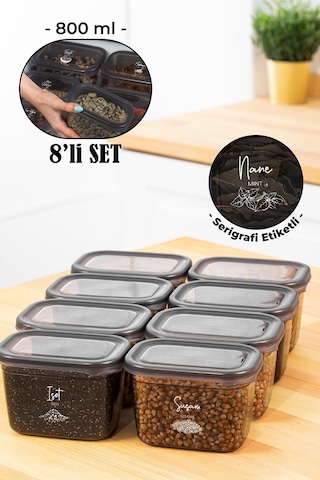 Vienev Beyaz Serigrafi Etiketli 8li Peggy Dikdörtgen Baharatlık Seti 800 ML Antrasit