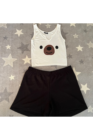 River Island River İsland Ayıcık Desenli Ekstra Dar Kalıp Kadın Pijama Takımı Beyaz - Siyah