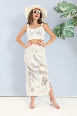 Etek Astarlı Yırtmaçlı Triko - Ekru - Kadın Ekru