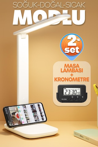 2li Set Şarjlı Masa Lambası + Kronometreli Öğrenci Saati Renk Ayarlı Ders Çalışma Okuma Lambası Beyaz