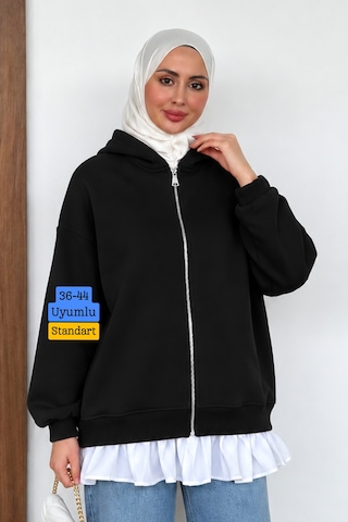 Balenbi Kadın 3 İplik İçi Polarlı Kapüşonlu Fırfır Detaylı Tesettür Basic Sweat Hırka 394 Siyah