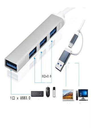 Alüminyum Metalik 4'ü 1 Arada Usb + Type-c Çevirici, Usb 3.0 Hızl