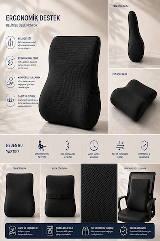 Ortopedik Visco Bel Ve Sırt Destek Minderi Ofis Koltuğu, Araç Ve Ev İçin Ergonomik Konfor Siyah