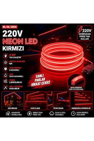 5 Metre Tak Çalıştır Kırmızı Renk Neon Led Borsan 220v Neon Led Kırmızı Montaj Aparatı Dahil Kırmızı - 5 Metre