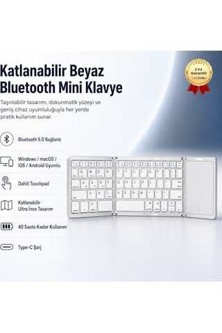 Katlanabilir Beyaz Her Cihaza Bluetooth İle Uyumlu Portatif Taşınabilir Dokunmatik Mini Klavye-1395